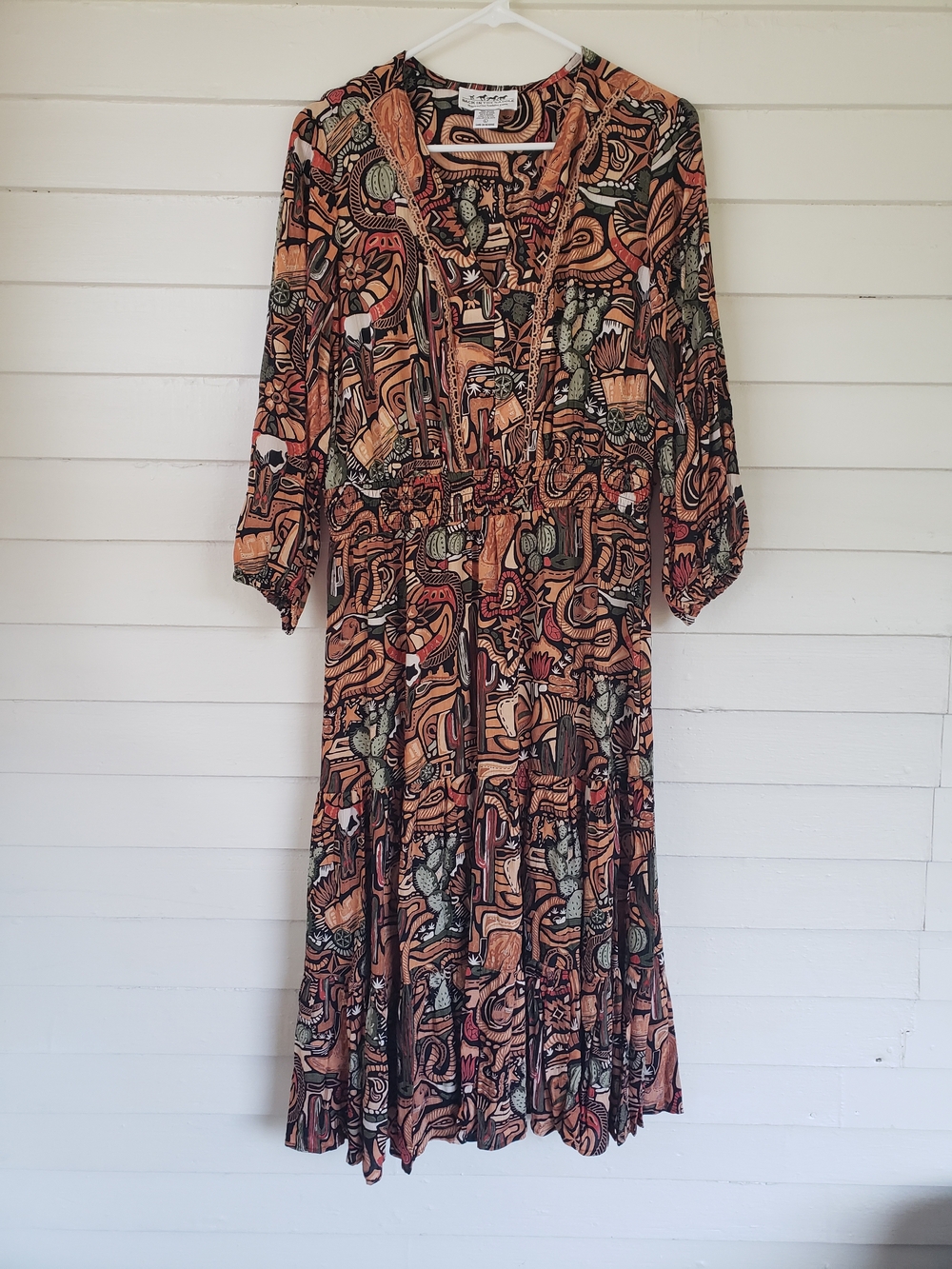 Back In The Saddle Western Print Midi Long Sleeve Dress Size L